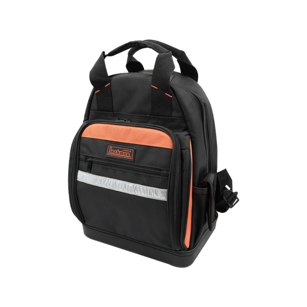 MULTI-PURPOSE TOOL BACKPACK WITH WATER PROOF ANTI-SLIP RECTANGLE PP BOTTOM ,600 SERIES BLACK/ORANGE AND REFLECT STRIP, MADE OF 1680D JKB-63214