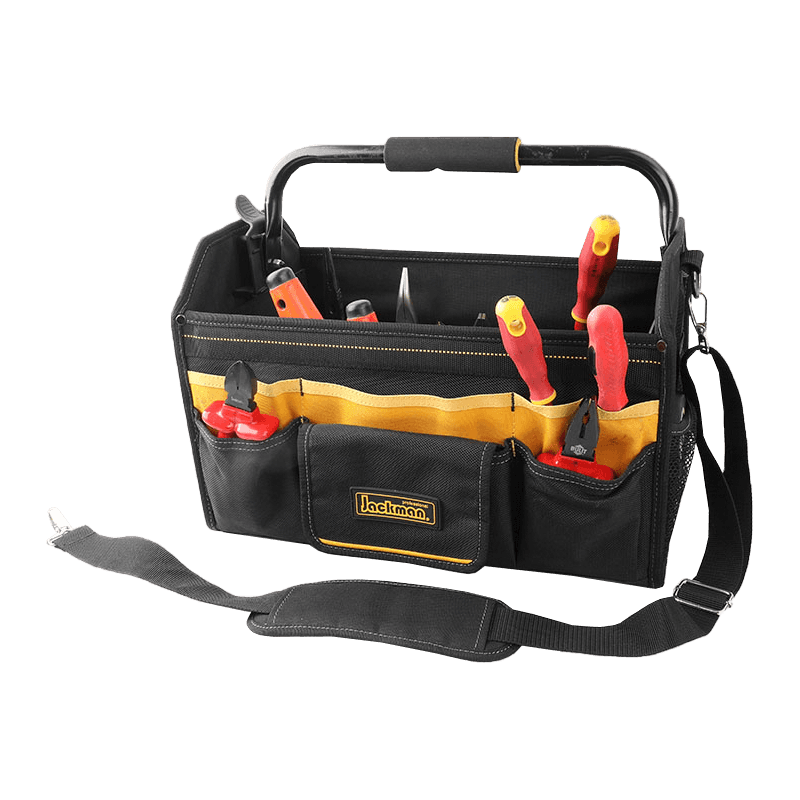 17' FOLDABLE TOOL BAG WITH ROTATABLE STEEL BAR HANDLE ,SERIES 700 BLACK/YELLOW ,MADE OF 1680D JKB-85719-17 