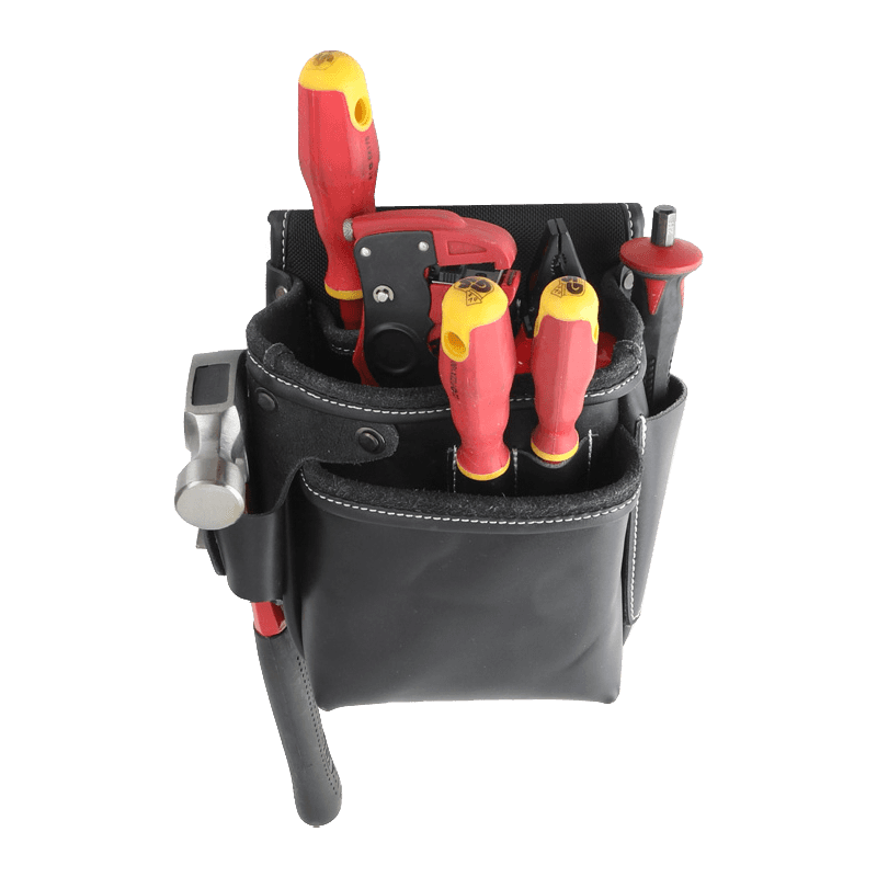 GENUINE LEATHER, STANDABLE 9 FUNCTIONS MULTI-PURPOSE ELECTRICIAN TOOL POUCH JKB-192B13