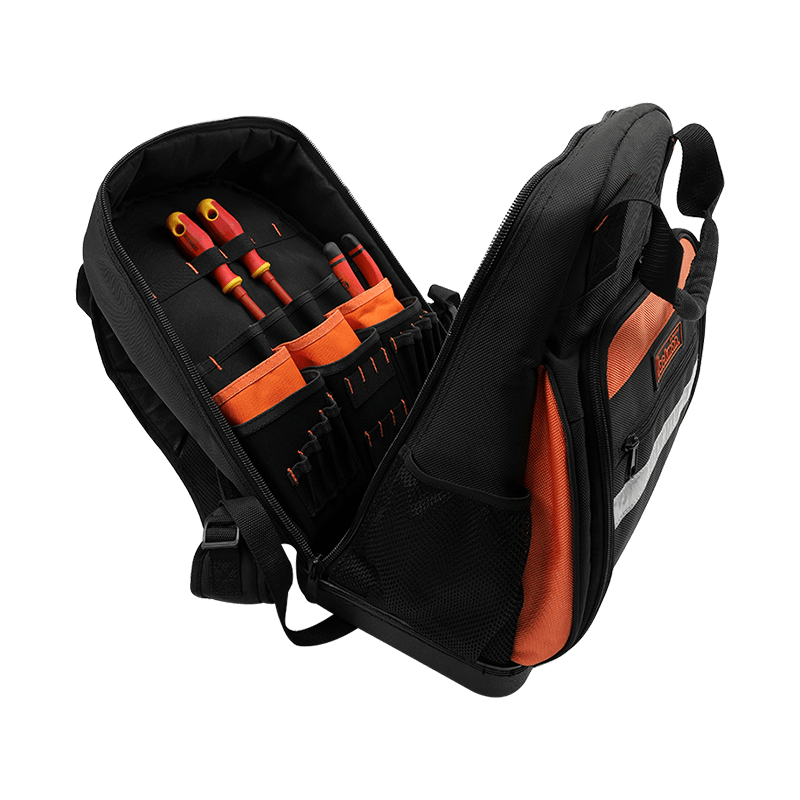 MULTI-PURPOSE TOOL BACKPACK WITH WATER PROOF ANTI-SLIP RECTANGLE PP BOTTOM ,600 SERIES BLACK/ORANGE AND REFLECT STRIP, MADE OF 1680D JKB-63214